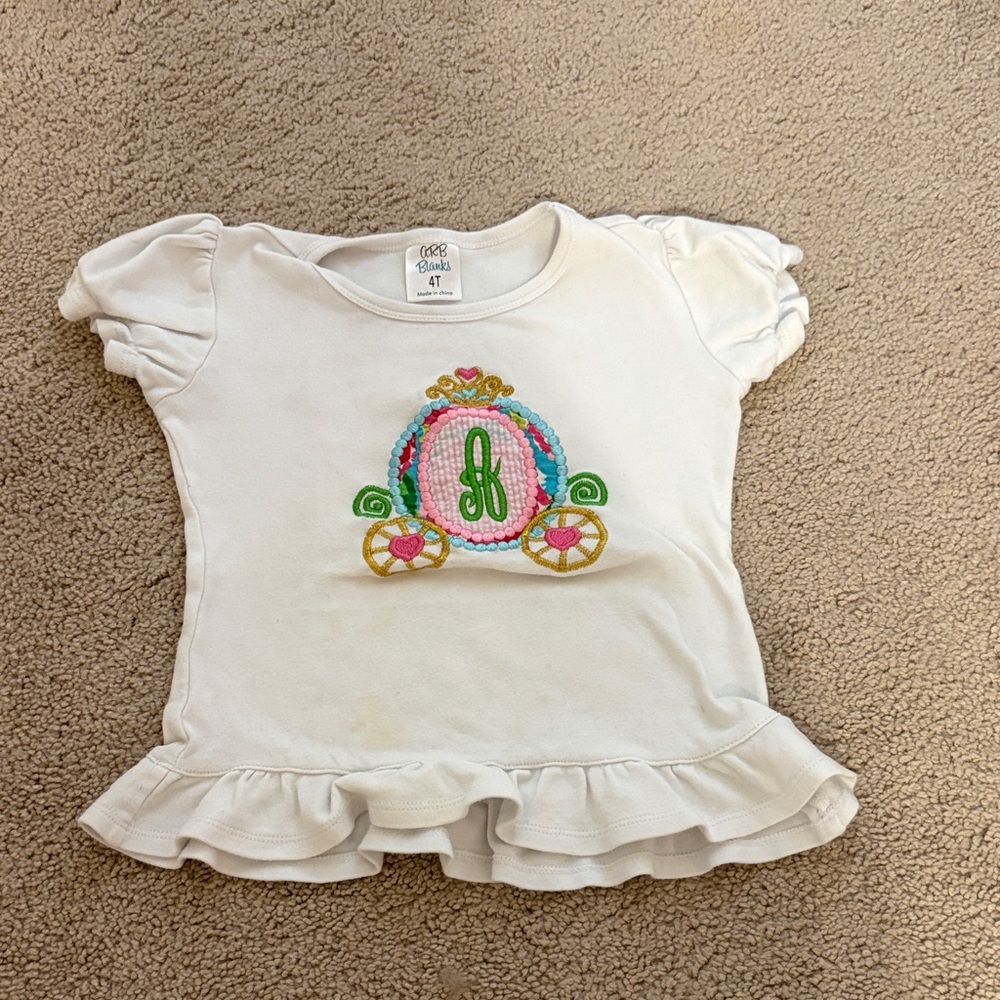 4t Girls White Ruffle Tee with Colorful letter A Carriage Embroidery